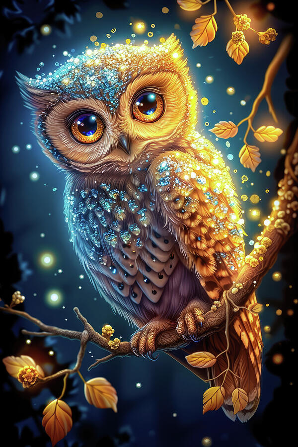 Owl Digital Art - Magical Cute Glitter Owl 02 by Matthias Hauser