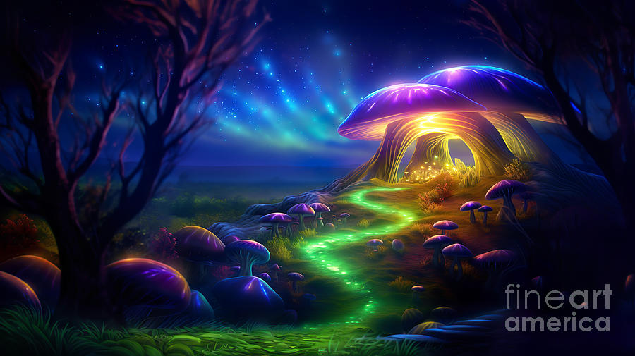 Magical fairy tale landscape with many shining mushrooms and glow of fireflies.  Digital Art by Odon Czintos