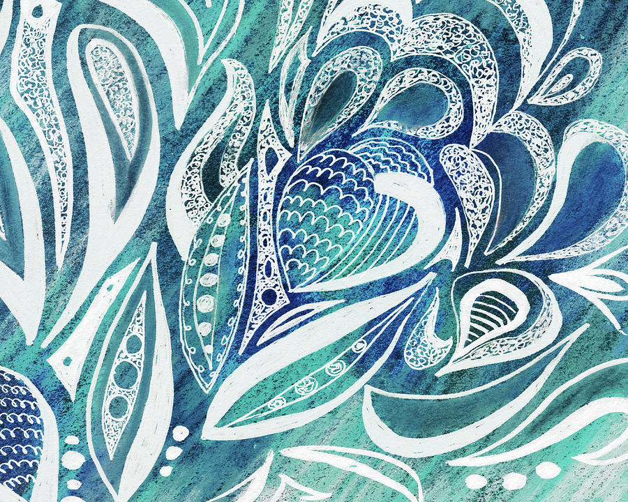 Magical Floral Leaves Berries Seeds Pattern Cool Teal Blue Design III Painting by Irina Sztukowski