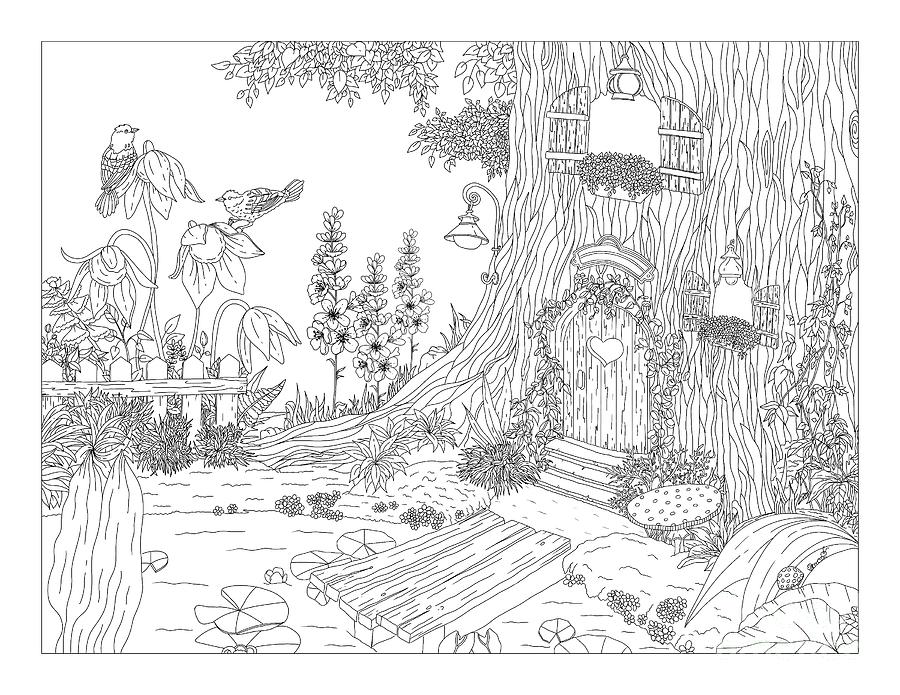 Magical Forest Coloring Page Drawing by Lisa Brando | Pixels