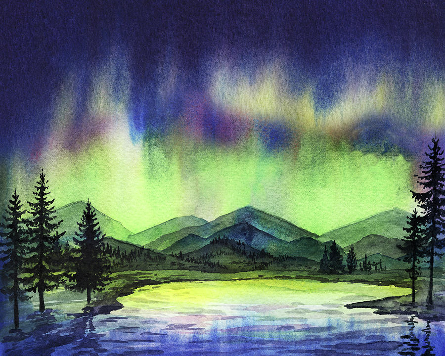 Magical Landscape With Aurora Borealis Lake And Mountains Painting by Irina Sztukowski
