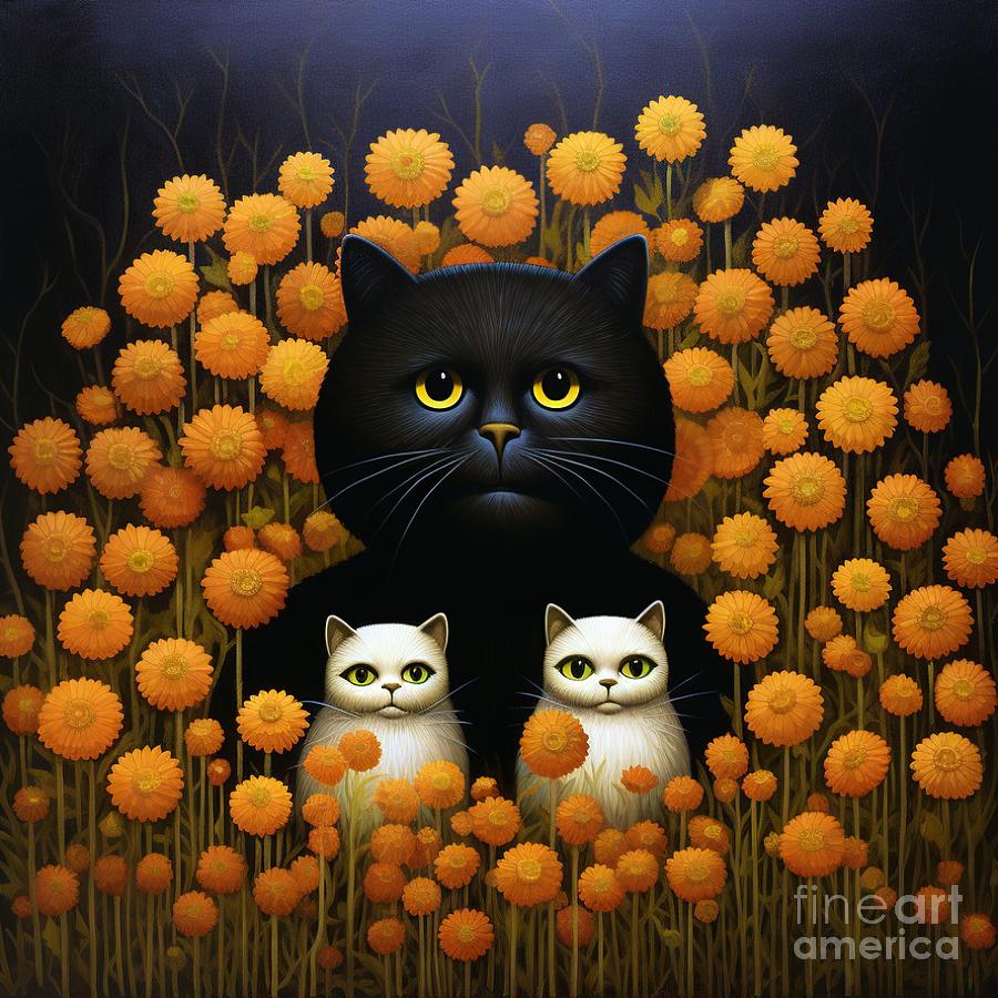 Magical Moment Under the Night Sky Black Cat and White Kittens in a Flower Field Painting by Vincent Monozlay