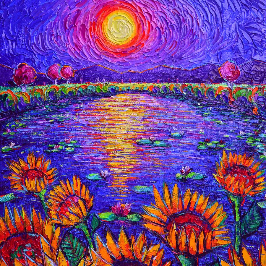 MAGICAL NIGHT sunflowers by waterlilies pond in moonlight knife oil painting Ana Maria Edulescu Painting by Ana Maria Edulescu