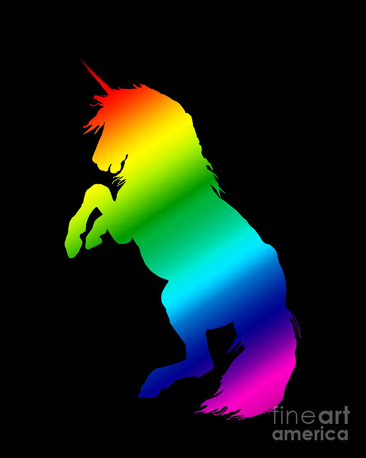 Unicorn Digital Art - Magical rainbow unicorn on black background by Madame Memento