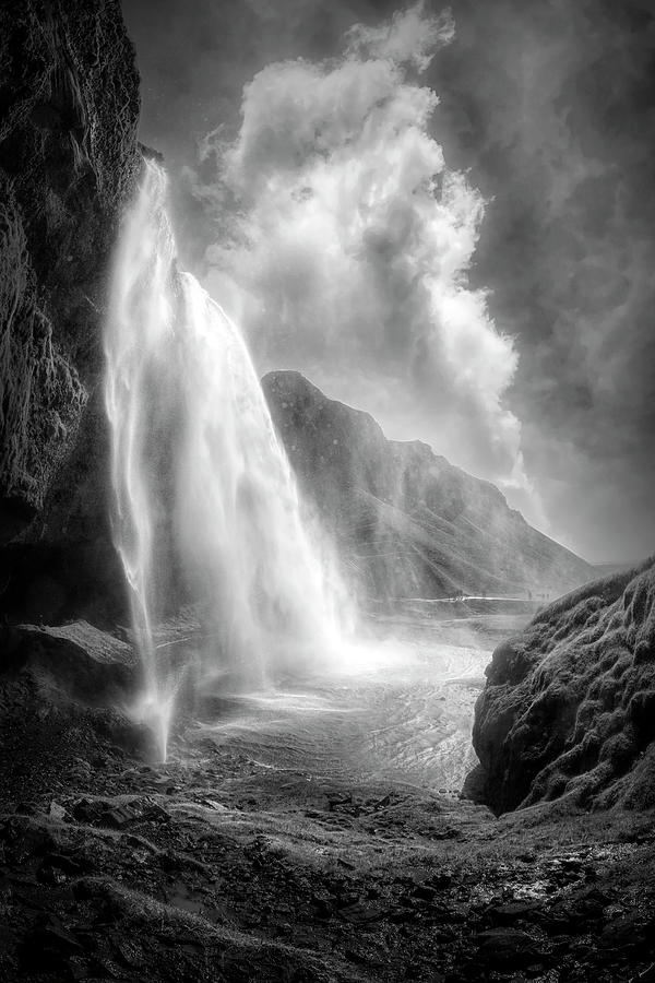 Magical Seljalandsfoss Waterfall Black and White Photograph by Debra and Dave Vanderlaan