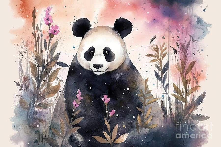 Wildlife Painting - Magical Watercolor Panda Scene Design by N Akkash