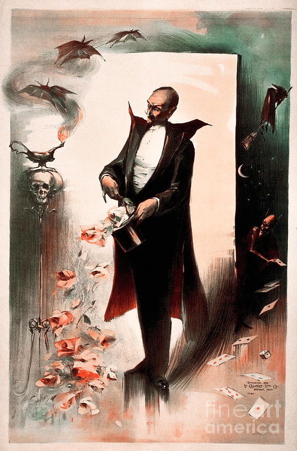 Magician Pulling Roses Out Of Top Hat Surrounded By Supernatural Beings Drawing