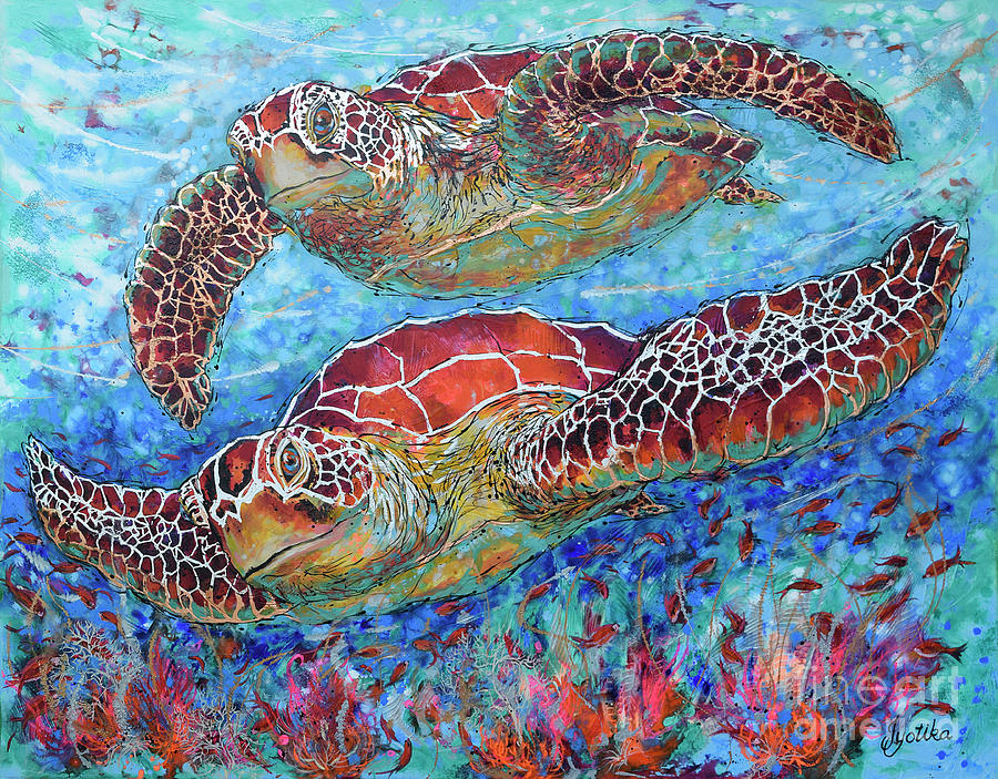 Magnificent Green Sea Turtles  Painting by Jyotika Shroff