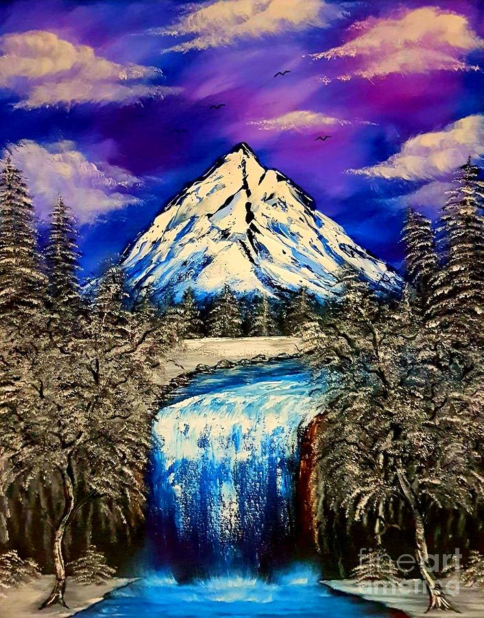Magnificent Winter Falls Blue Glow Painting