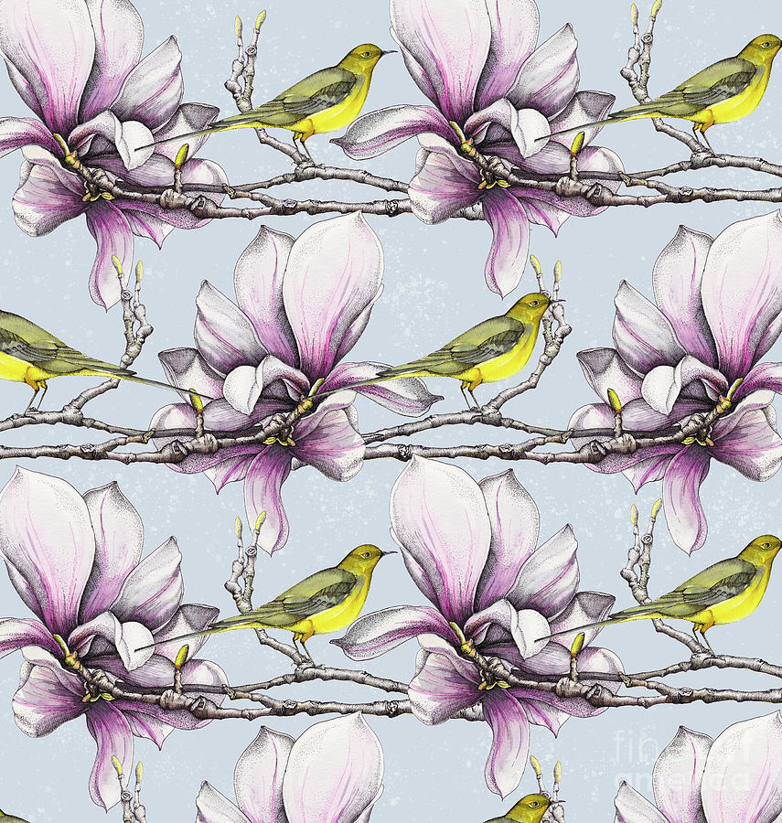 Magnolia and Yellow Wagtails Painting by Andrew Watson