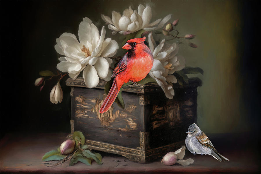 Magnolia Blossoms and Cardinal Digital Art by TnBackroadsPhotos
