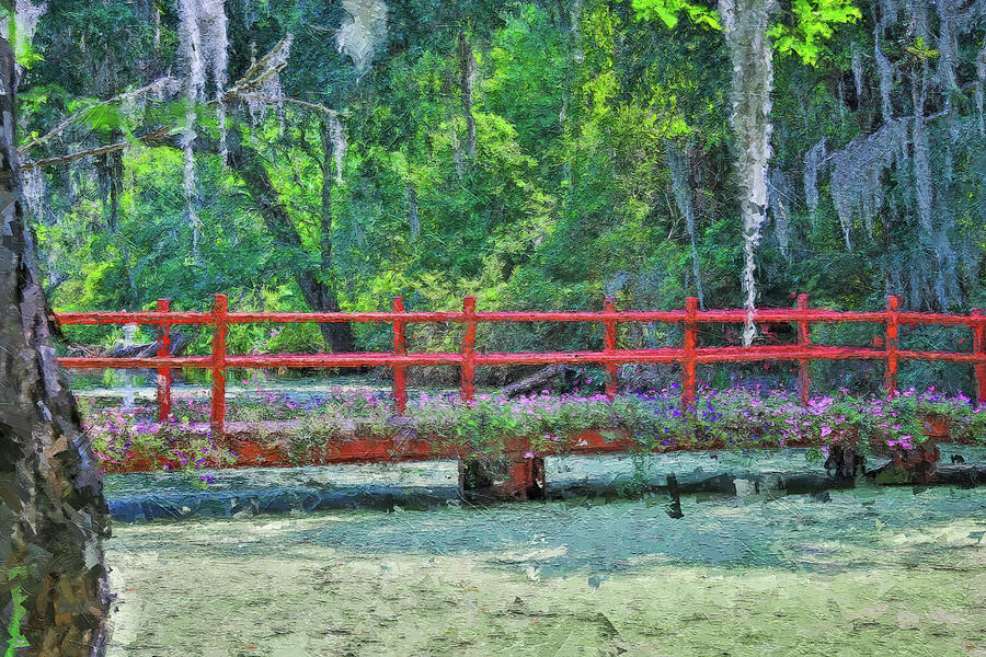 Magnolia Garden Plantation Red Bridge And Flowers Painting by Dan Sproul