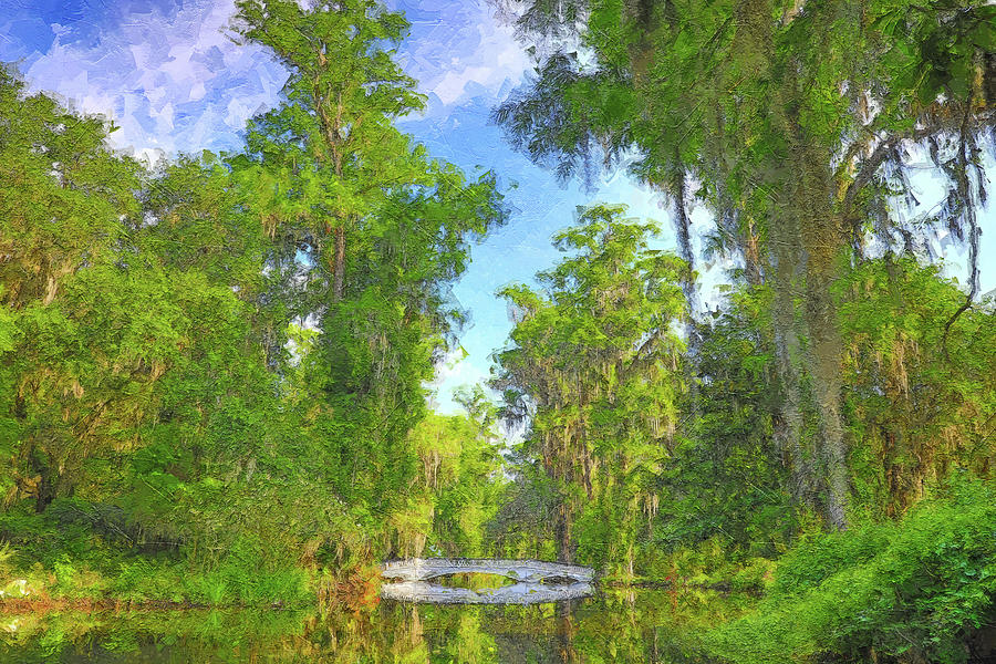 Magnolia Gardens White Bridge Reflection In Summer Painting by Dan Sproul