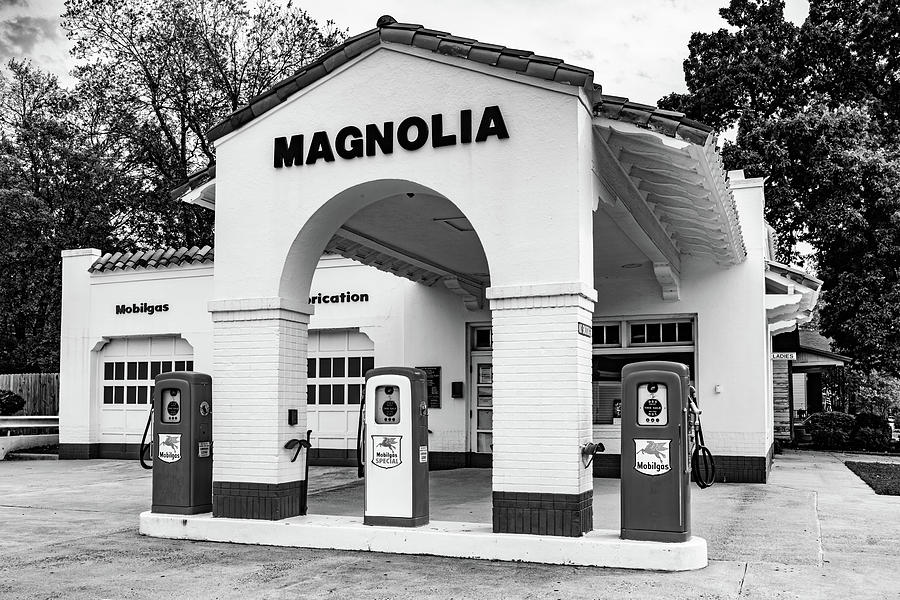 Magnolia Gas Station In Black And White - From Gas Pumps Little Rock History Photograph by Gregory Ballos
