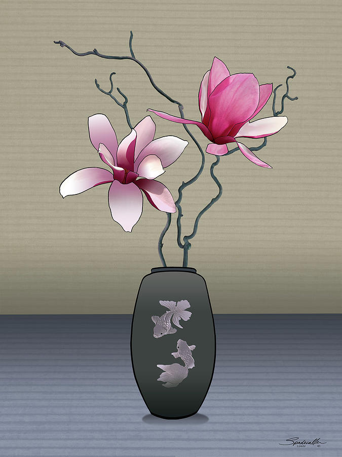 Magnolia in Two Fish Vase Digital Art by M Spadecaller