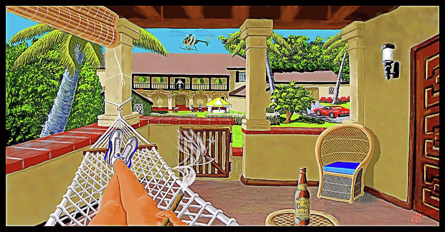 Magnum Pi Painting - Magnum lounges at the guesthouse by Chad Brittain