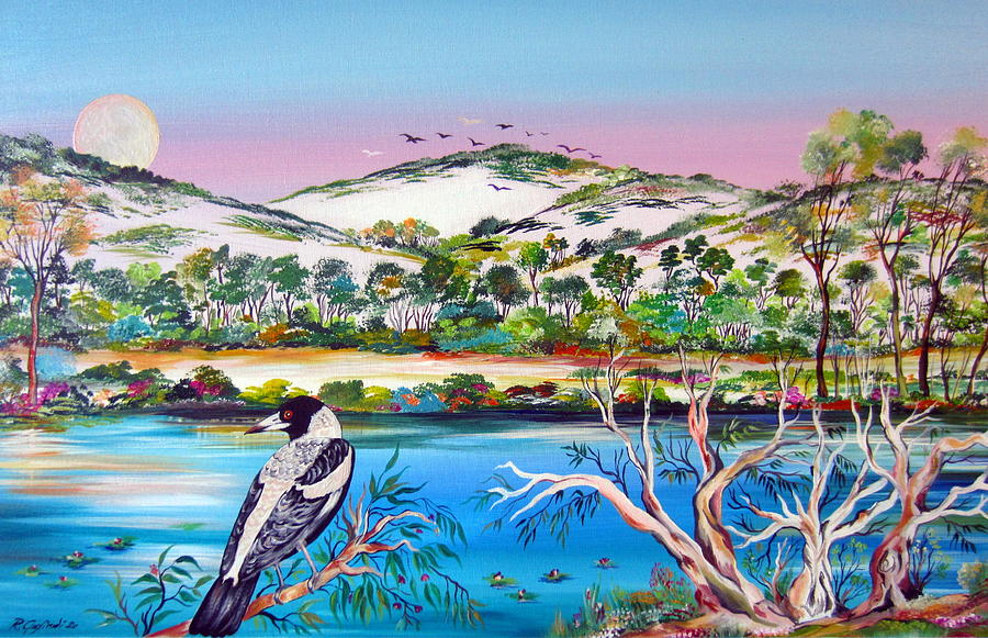 Magpie in the outback under a full moon Painting by Roberto Gagliardi