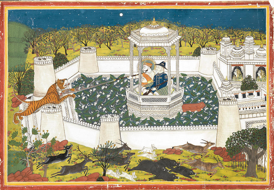 Maharao Ram Singh  shooting a tiger from a pavilion, accompanied by the British politi Painting by Artistic Rifki