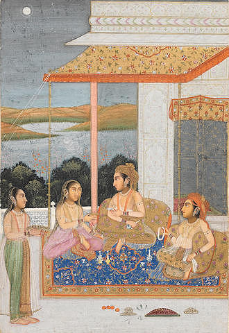 Maidens seated on a palace terrace by moonlight Delhi, circa 1790-1810 Painting by Artistic Rifki