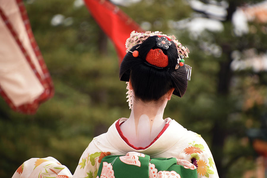 Maiko dancing at Heian shrine Kyoto Japan Photograph by Loren Dowding
