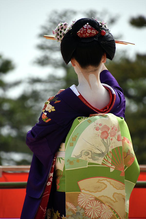 Maiko performing dance at Heian shrine Kyoto Japan Photograph by Loren Dowding