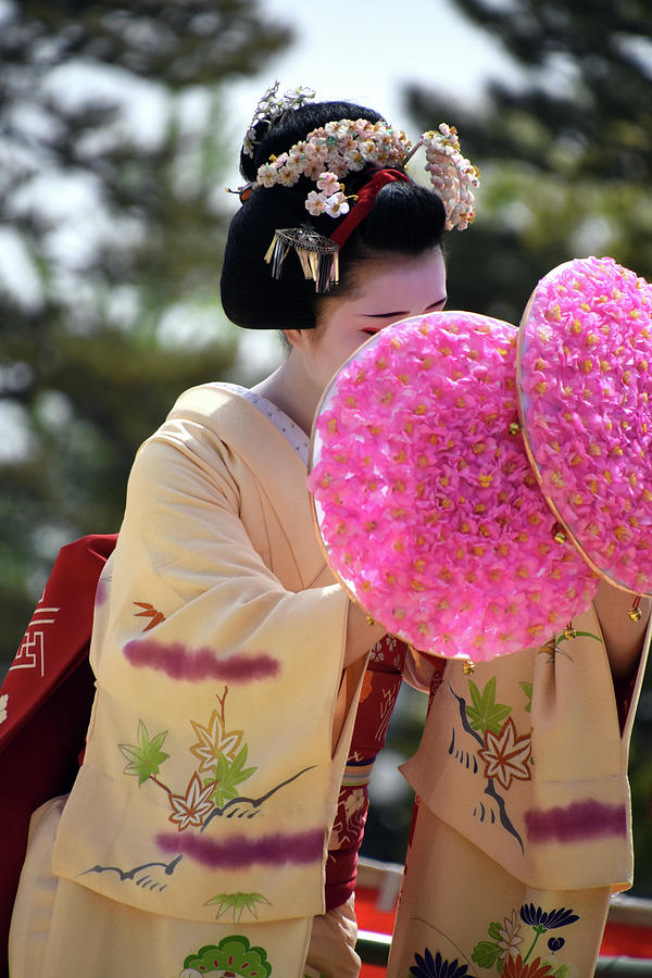 Spring Photograph - Maiko performing traditional dance at Heian shrine Kyoto Japan by Loren Dowding