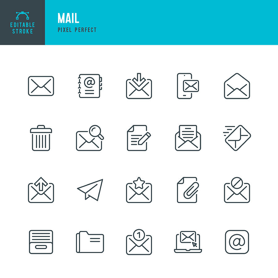 MAIL - thin line vector icon set. Pixel perfect. Editable stroke. The set contains icons: E-Mail, Mail, Address Book, Envelope, Letter Sending, Inbox Letter, Searching Letter. Drawing by Fonikum