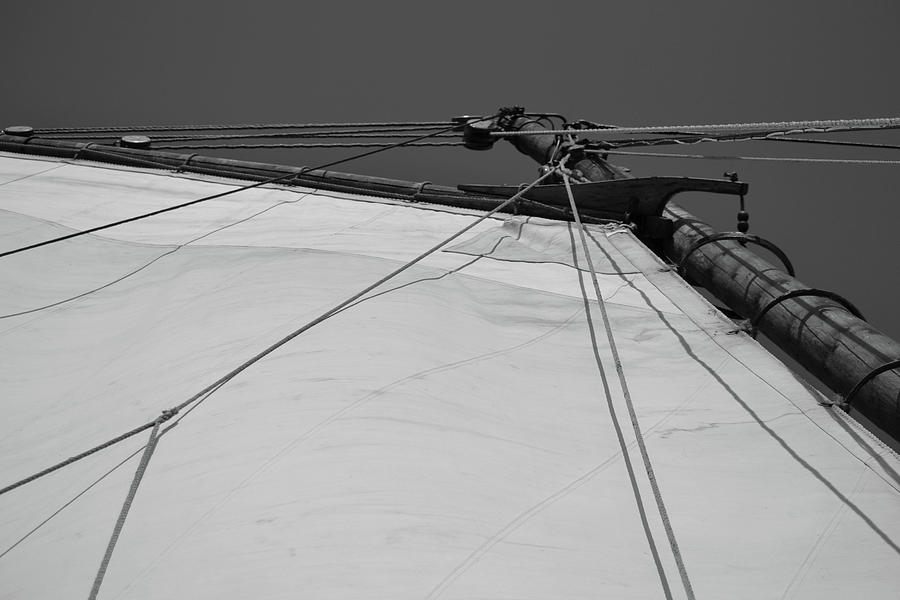 Main Sail Up In Black And White Photograph