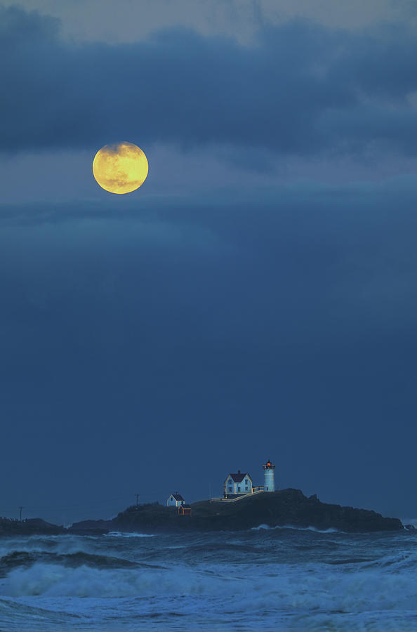 Maine Cape Nedick Nubble Light With Full Wolf Moon Photograph