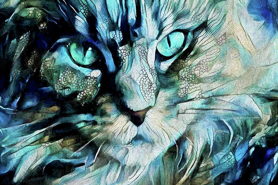 Maine Coon Cat in Blue Digital Art by Peggy Collins
