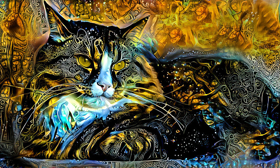 Maine Coon cat lying down - golden night design Digital Art by Nicko Prints