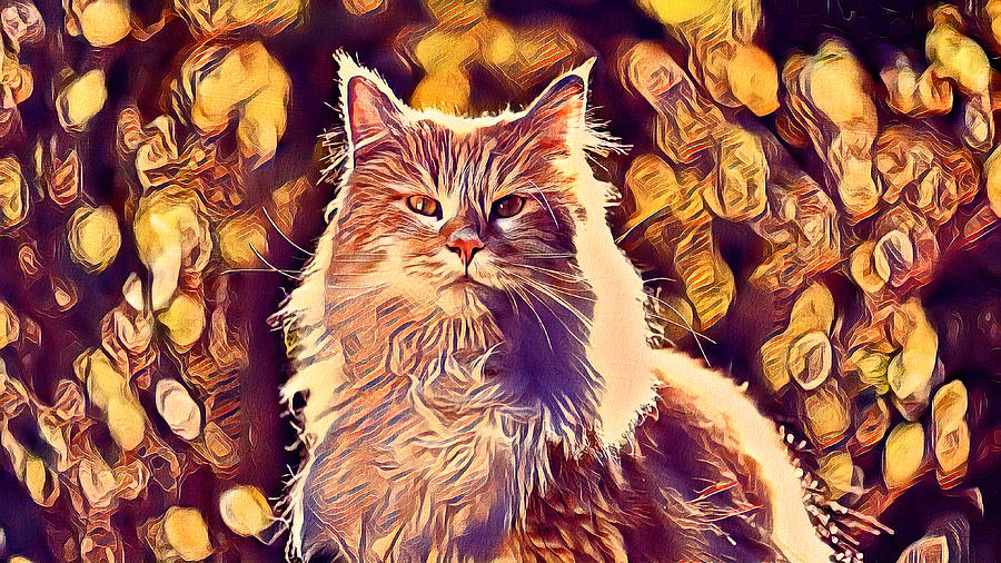 Maine Coon cat sitting in the sun - yellow and violet digital painting Digital Art by Nicko Prints