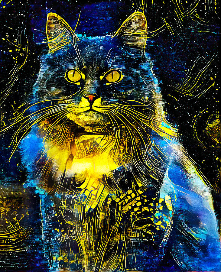 Maine Coon cat sitting - starry blue with yellow colorful painting Digital Art by Nicko Prints