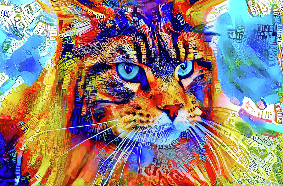 Maine Coon cat watching something - colorful digital art Digital Art by Nicko Prints