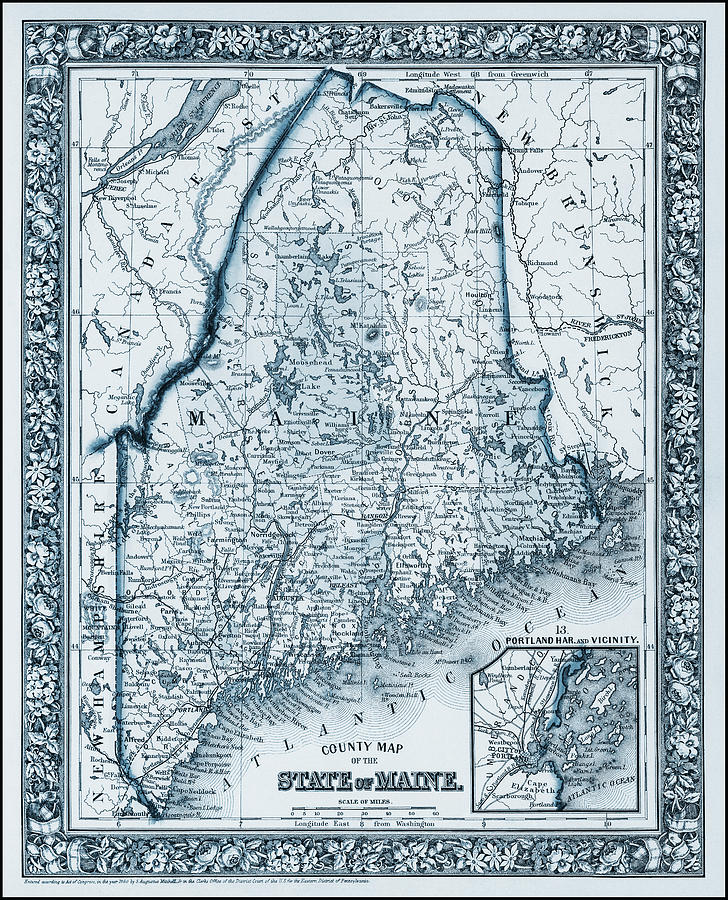 Maine Historical Map 1860 Blue  Photograph by Carol Japp