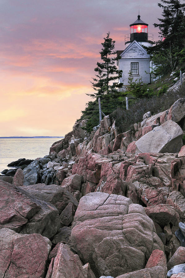 Maine Lighthouse Sunset - Bass Harbor Light Photograph by Photos by Thom