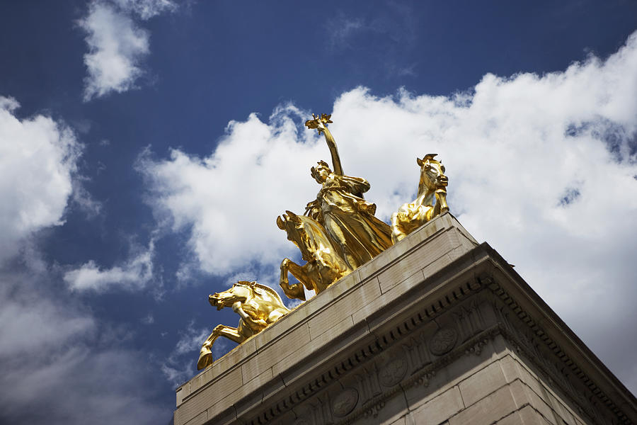 Maine Monument at entrance to the Park at Merchants Gate in New York City, NY, USA, low angle view Photograph by Medioimages/Photodisc