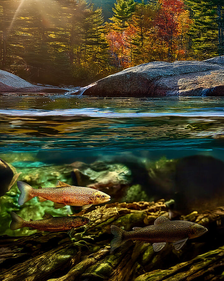 Serene Nature Art Print by Bob Orsillo Above and Below Autumn River and Underwater Trout Habitat Photograph by Bob Orsillo