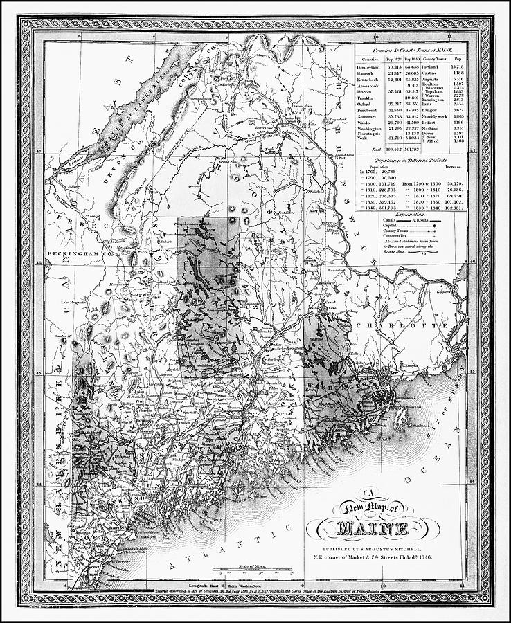 Vintage Photograph - Maine Vintage Map 1846 Black and White  by Carol Japp