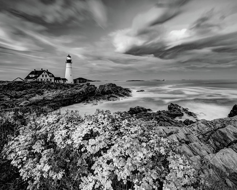 Maines Portland Head Light in Black and White Infrared Photograph by Gregory Ballos