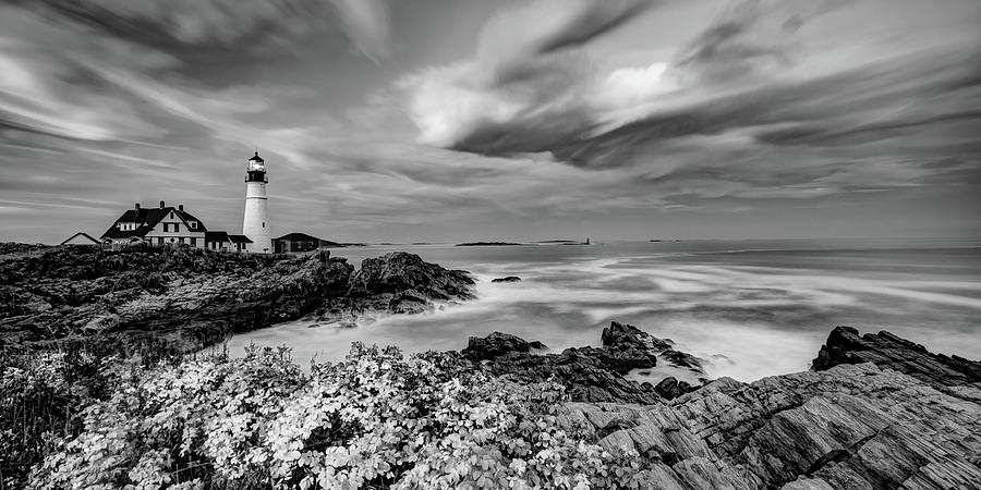 Black And White Photograph - Maines Portland Head Light Panorama in Black and White Infrared by Gregory Ballos