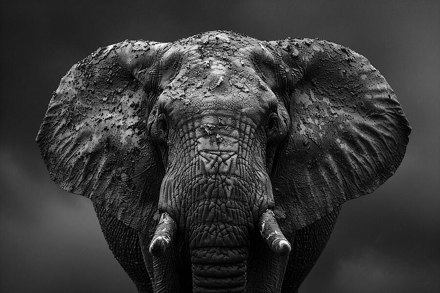 Wildlife Photograph - Majestic African elephant in monochrome, showcasing detailed texture and grandeur. by David Mohn