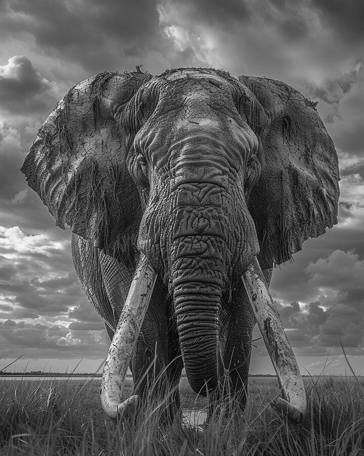 Wildlife Photograph - Majestic African elephant in monochrome, showcasing its tusks and textured skin against a dramatic sky. by David Mohn