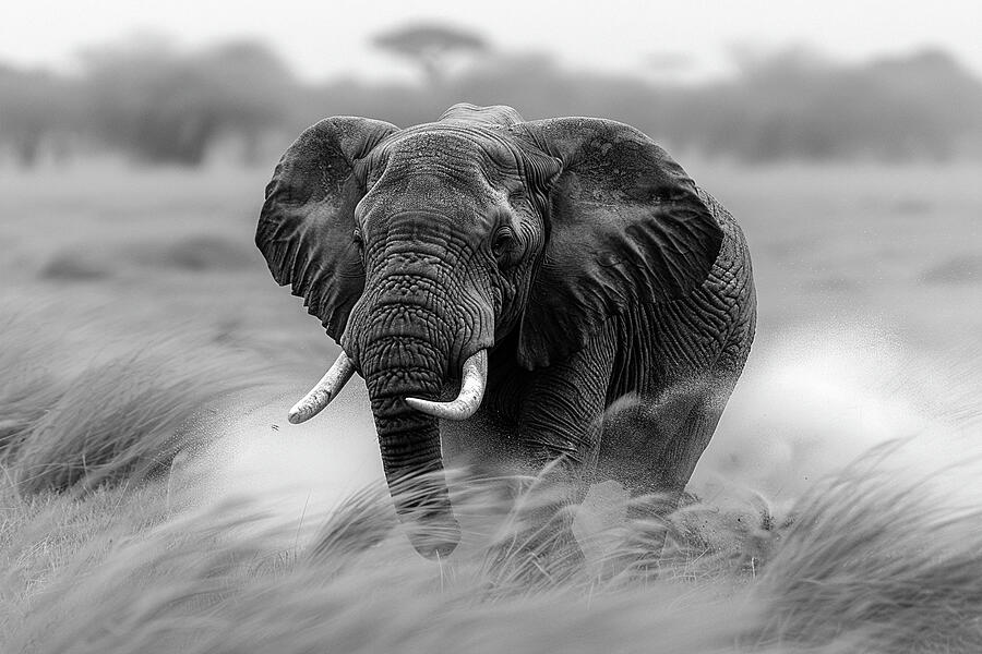 Wildlife Photograph - Majestic African elephant in monochrome, walking through tall grass in the savannah. by David Mohn
