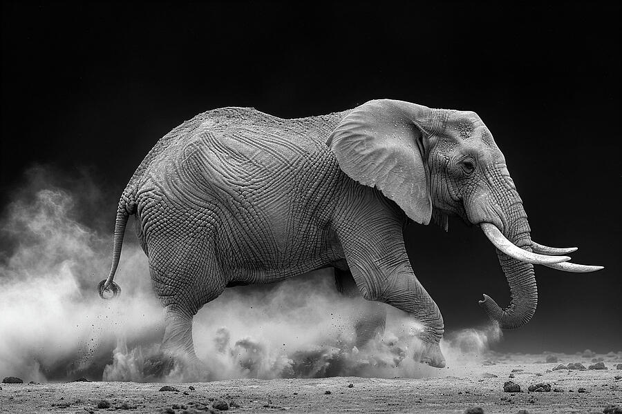 Wildlife Photograph - Majestic African elephant in motion, dust swirling, monochrome. by David Mohn