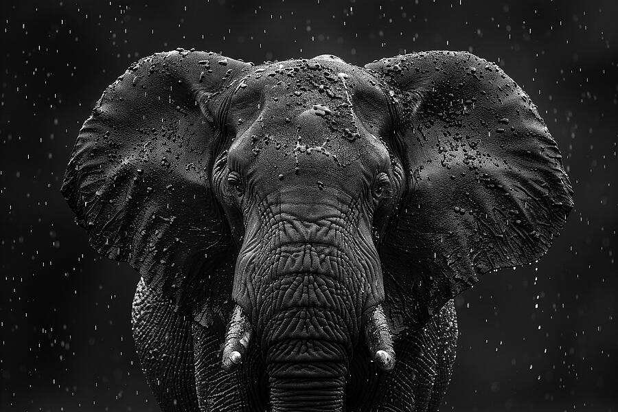Wildlife Photograph - Majestic black and white portrait of an elephant with water droplets on its skin against a dark background. by David Mohn