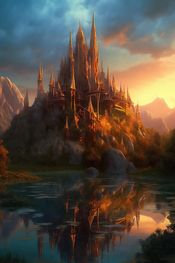 Majestic castle with many spires reflected in lake Digital Art by Jim ...