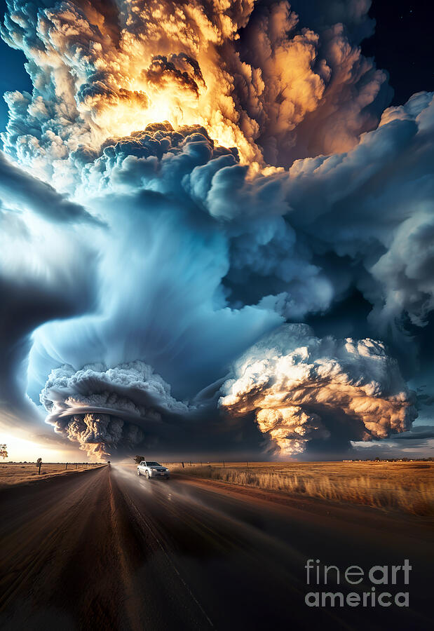 Car Digital Art - Majestic clouds loom over a road where a lone car and a person are visible by Odon Czintos