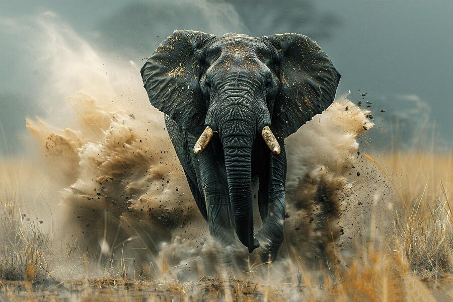 Wildlife Photograph - Majestic elephant charging through dust with ears flared in a dramatic African landscape. by David Mohn