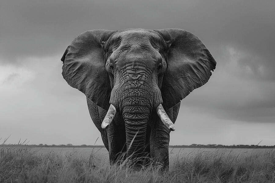 Wildlife Photograph - Majestic elephant in black and white, standing in open field with dramatic sky. by David Mohn